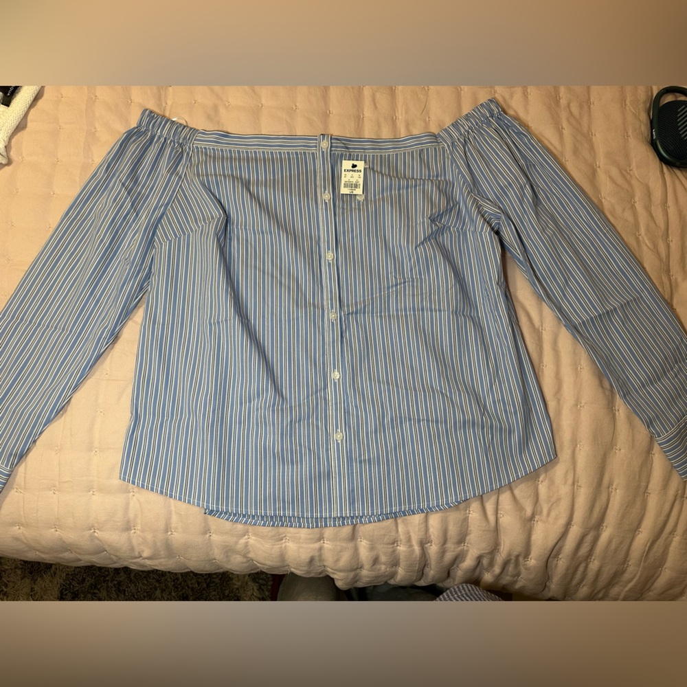 Express Blue and White Striped Off the Shoulder top